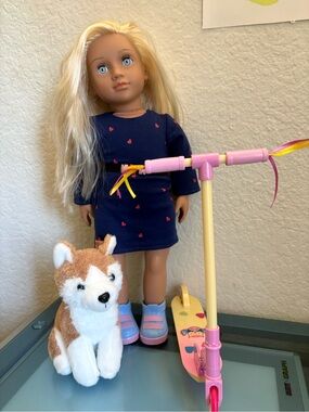 Our Generation Blonde Doll in Navy Heart Dress with Pink Scooter & Plush Puppy